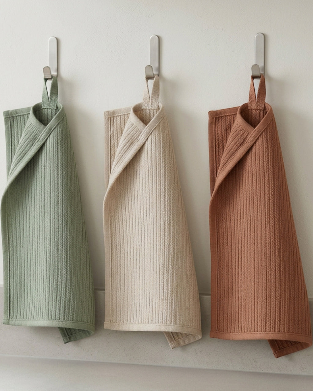 Ytkbd Ribbed Linen-Cotton Cleaning Cloth Set of 3 Sage Oat Clay - Lifestyle view