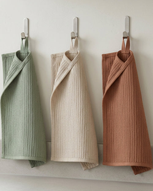 Ytkbd Ribbed Linen-Cotton Cleaning Cloth Set of 3 Sage Oat Clay - Lifestyle view